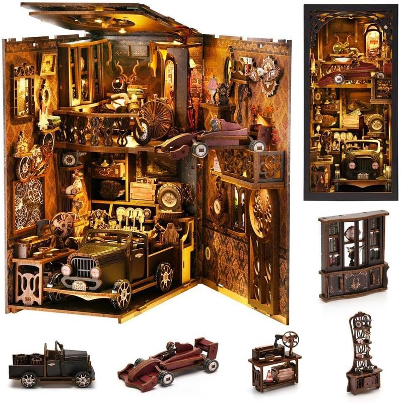 Book Nook Kit, 3D DIY Wooden Puzzle Dollhouse Kit for Adults & Teens, Book Nook Bookshelf Insert Decoration Bookend Miniature Kit with Sensor Light Creative Craft Home Decor, Vintage Car