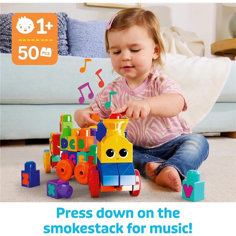 MEGA BLOKS First Builders Toddler Building Blocks Toy Set, ABC Musical Train with 50 Pieces, Music and Sounds, Ages 1+ Years