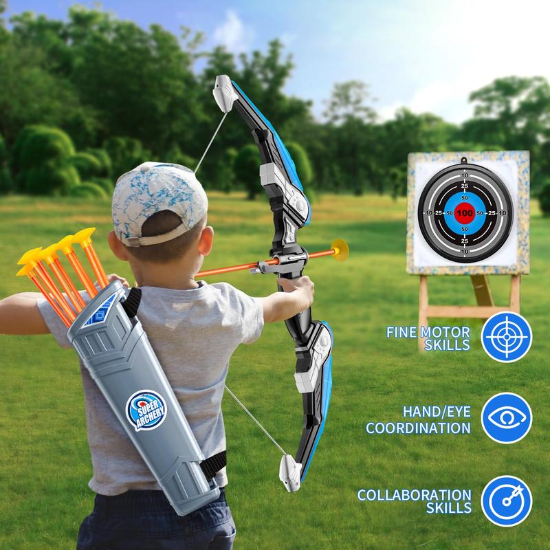 Bow and Arrow , LED Light Up Archery Toy with 10 Suction Cup Arrows, 4 Target & Quiver, Indoor Outdoor Activity Toys, Birthday Gift Toys for