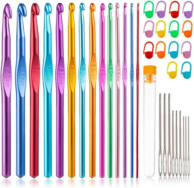 37 count Crochet Hooks Set, High Quality Coloured Aluminum  Handle Crochet, Hook Needles for Arthritic Hands, with Stitch Markers and Large-Eye Blunt Needles