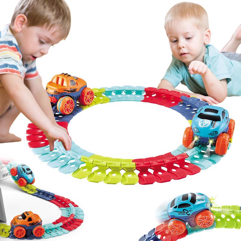 Flexible Race Track Electric Toy Car Set, Car Track Toys with Led Light for Kids, Stem Building Toys for Boys and Girls with Toy Cars, Montessori Track - Ultra-Flexible Machine Track - Holiday Gifts for Halloween Fall