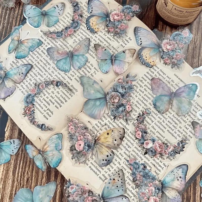 Vintage Butterfly & Floral Sticker, 30pcs pack Scrapbooking & Journal Making Material Paper Stickers, Diy Decorative Sticker for Stationery & Album & Journal