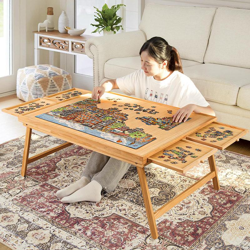 TEAKMAMA 1500 Piece Wooden Jigsaw Folding Puzzle Board, Puzzle Table with Legs and Protective Cover, 34” X 26.3” Jigsaw Puzzle Board with 4 Drawers & Cover, Portable Puzzle Tables for Adults