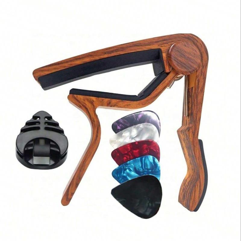 Wooden Guitar Capo, 1 Count Guitar Capo with 5 Counts Picks & 1 Count Picks Holder, Music Accessories for Acoustic & Electric Guitars