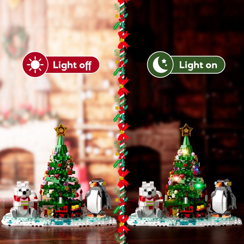 2024 Newest Christmas Tree Building Blocks Set with Penguin, Polar Bear and Little Train, LED Lighting Included, Perfect Halloween Toys and Gifts for Fans and Kids (802 pcs)