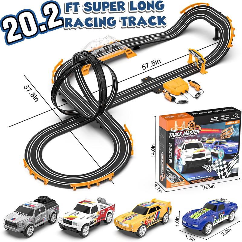 Slot Car Race Track Sets with 4 Slot Cars, Electric Race Car Track Include Slope Circular Overpass Track, Dual Racing Game Featuring Flash Bridge and Pendulum, Gifts Toys for Boys Kids Age 6 7 8-12 Electric Dual Racing Slot Car Set toy  tracks