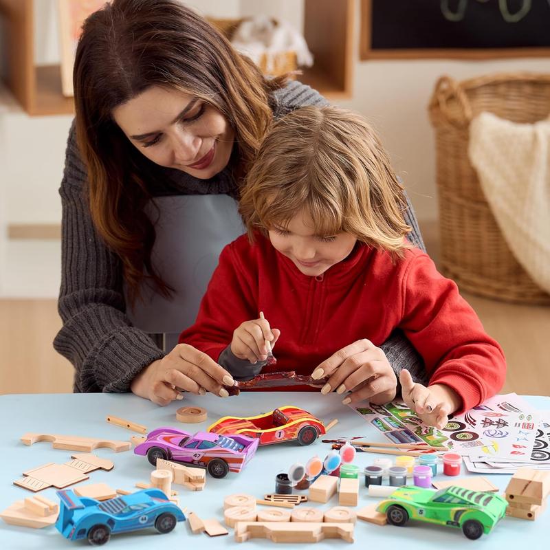 Kits 4 DIY Wooden Race Cars-Build & Paint Your Own Wood Craft Kit, 4 Race Cars Toy, Easy to Assemble Arts Crafts Kit