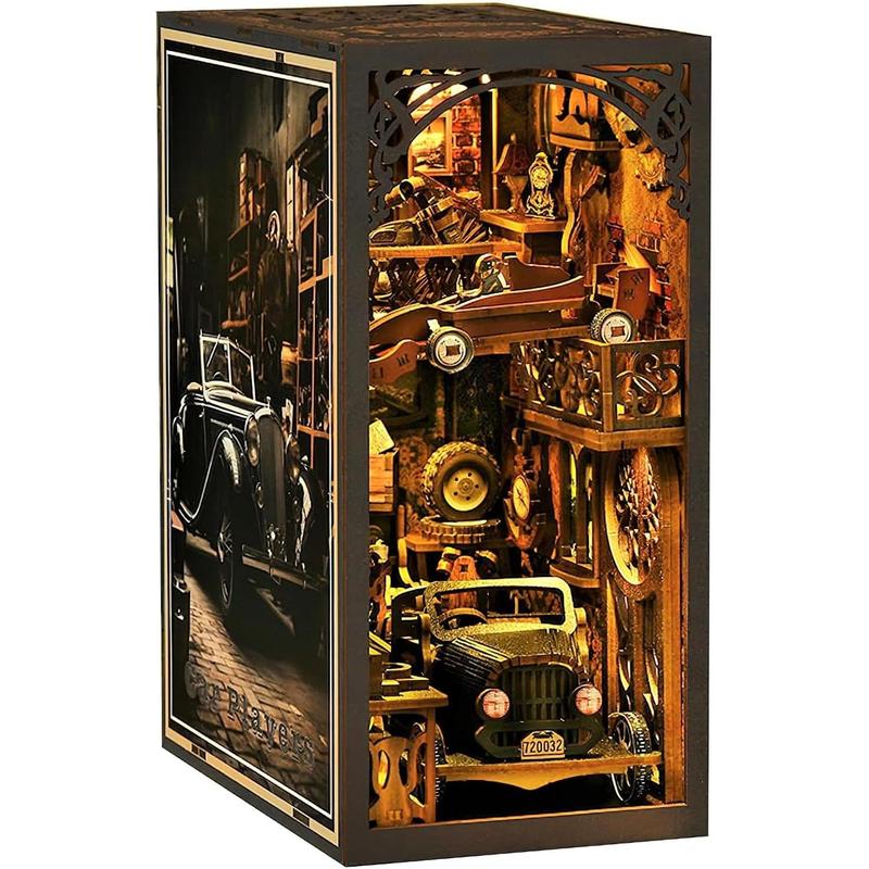 Book Nook Kit, 3D DIY Wooden Puzzle Dollhouse Kit for Adults & Teens, Book Nook Bookshelf Insert Decoration Bookend Miniature Kit with Sensor Light Creative Craft Home Decor, Vintage Car