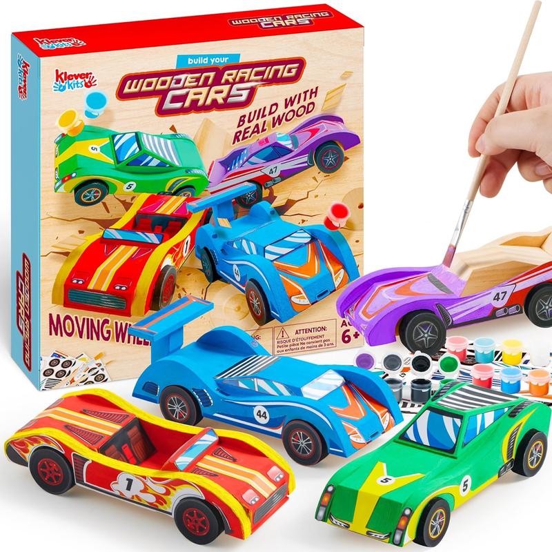 Kits 4 DIY Wooden Race Cars-Build & Paint Your Own Wood Craft Kit, 4 Race Cars Toy, Easy to Assemble Arts Crafts Kit