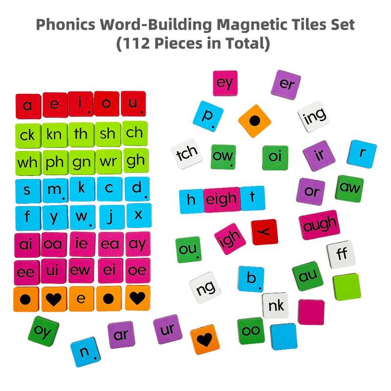 Magnetic Phonics Tiles, 112pcs set Colorful Phonics Word Building Magnetic Tiles Set for Desk Whiteboard, School & Educational Supplies