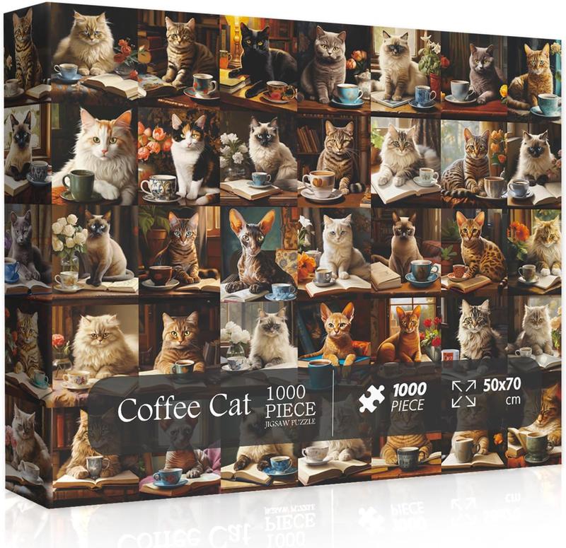 Cat Puzzles for Adults 1000 count and Up, Vintage Cat Animal Puzzle Collects 40 Coffee Book Cats Collage Jigsaw Puzzle, Retro Funny Kitten Puzzle as Cat Wall Decor