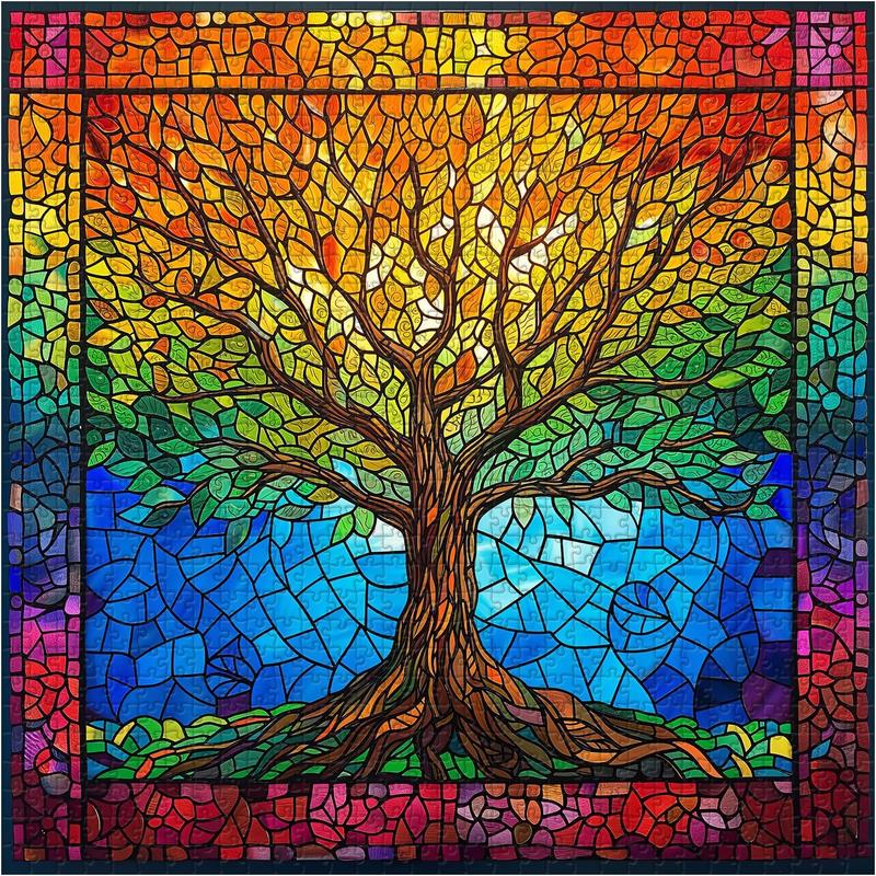 Stained Glass Puzzles for Adults 1000 count and up, Mosaic Tree of Life Puzzle Unique Rainbow Puzzles, Colorful Difficult Jigsaw Puzzles for Adults