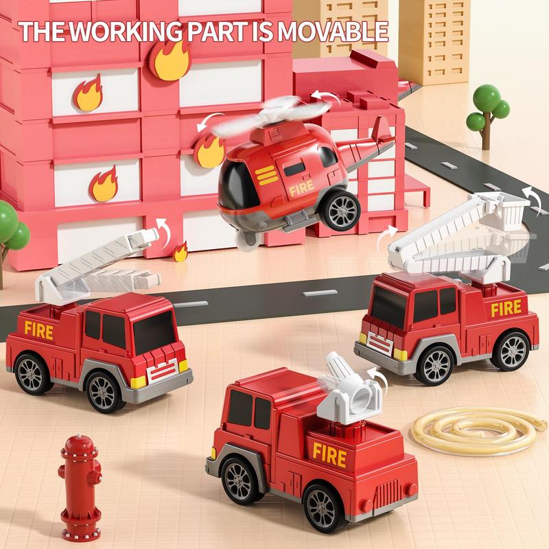 Fire Truck Toy (5 Counts set), Tractor Truck Toy, Push and Go Vehicles Toys Friction Powered Car Toys, Toy Rescue Vehicle Set with Lights and Music