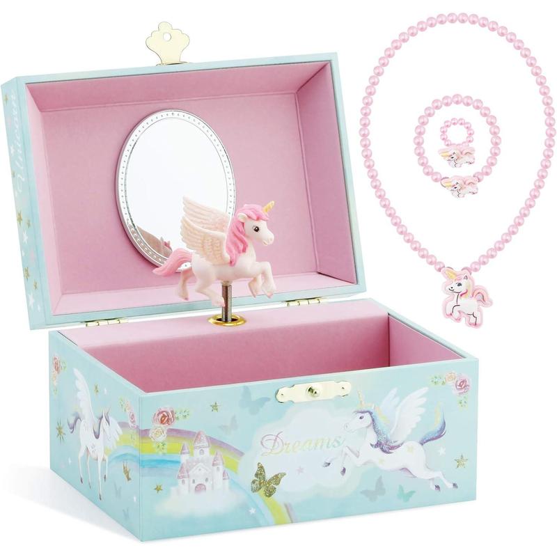 Musical Jewelry Glitter Storage Box and Jewelry Set for Little Girls with Spinning Unicorn and Rainbow - Blue Danube Tune Blue