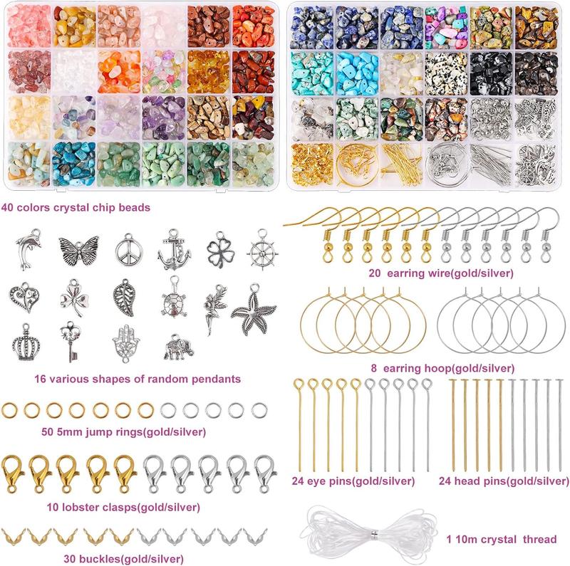 720pcs Crystal Chips Beads Ring Making Kit, 40 Colors Gemstone Crystal Beads for Earring Jewelry Making, Bracelets Supplies, Craft Gifts