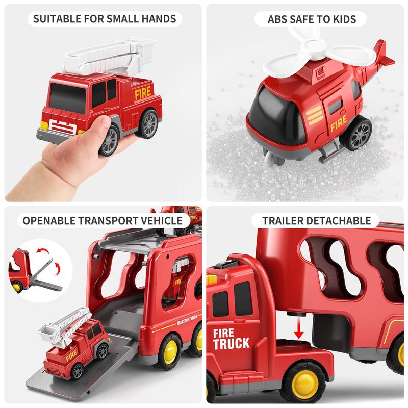 Fire Truck Toy (5 Counts set), Tractor Truck Toy, Push and Go Vehicles Toys Friction Powered Car Toys, Toy Rescue Vehicle Set with Lights and Music