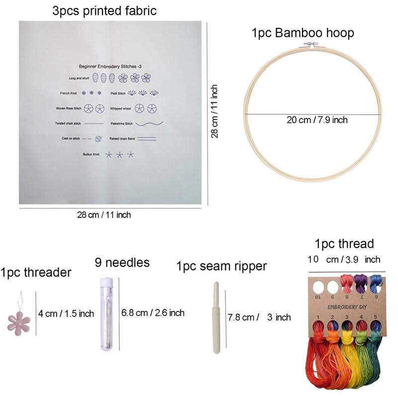 3D Needlework Stamped Embroidery Starter, 3 Counts Printed Fabrics & 1 Count Hoop & 1 Count Seam Ripper & 1 Count Threader & 9 Counts Needle Kit