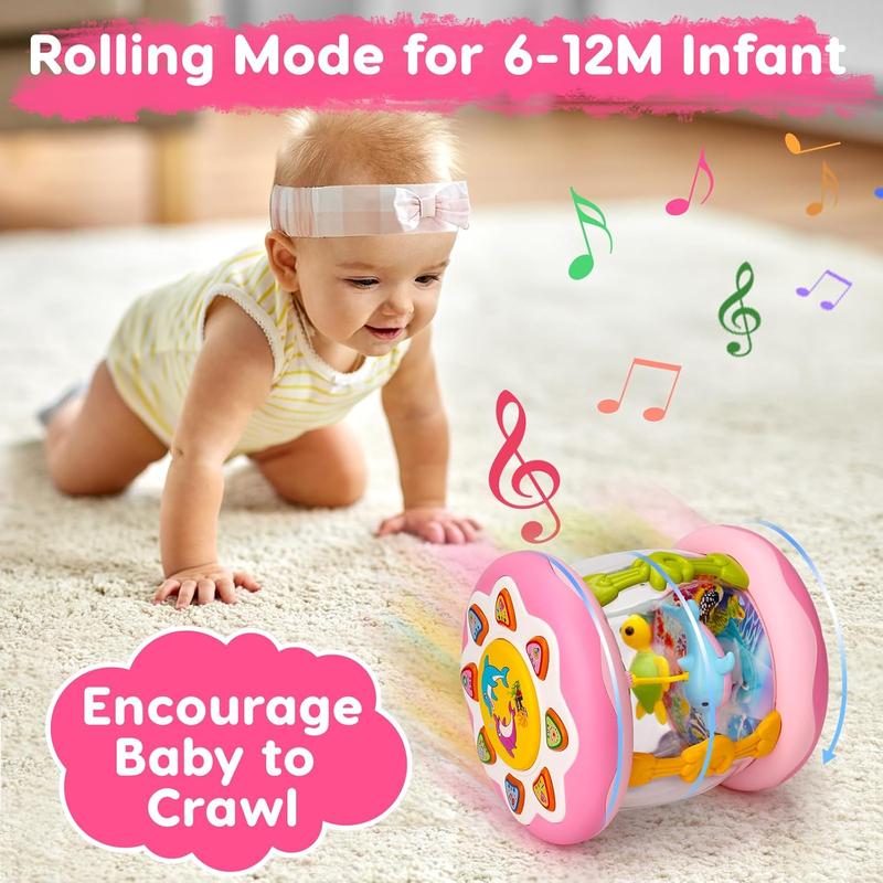 Kids Musical Light Up Toys Ocean Projector Rotating Tummy Time Learning Crawling Pink Toys Children Boys Girls 1 2 3 Year Old Birthday Christmas Gifts