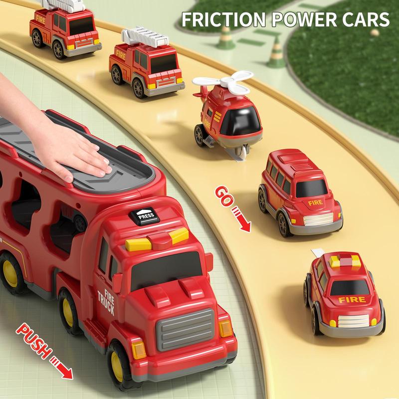 Fire Truck Toy (5 Counts set), Tractor Truck Toy, Push and Go Vehicles Toys Friction Powered Car Toys, Toy Rescue Vehicle Set with Lights and Music