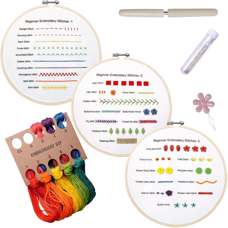 3D Needlework Stamped Embroidery Starter, 3 Counts Printed Fabrics & 1 Count Hoop & 1 Count Seam Ripper & 1 Count Threader & 9 Counts Needle Kit