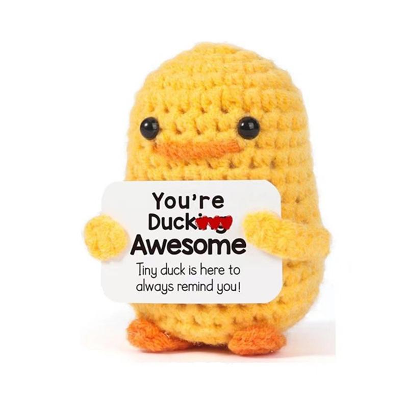 Cute Knitted Duck with Positive Card,  Emotional Support Crochet Doll for Gift, DIY Knitting Supplies for Home Office Decoration Fidget Toy, Keychain, Backpack Pendant, Fall Gift, Thanksgiving, Christmas Gift Set crochet  kit  Inspirational