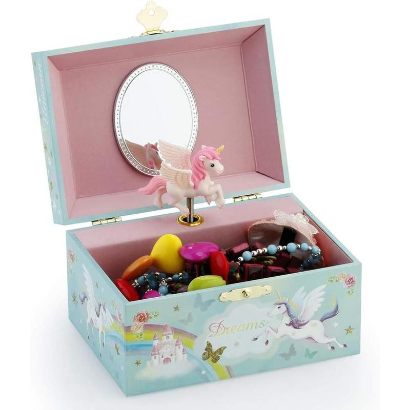 Musical Jewelry Glitter Storage Box and Jewelry Set for Little Girls with Spinning Unicorn and Rainbow - Blue Danube Tune Blue