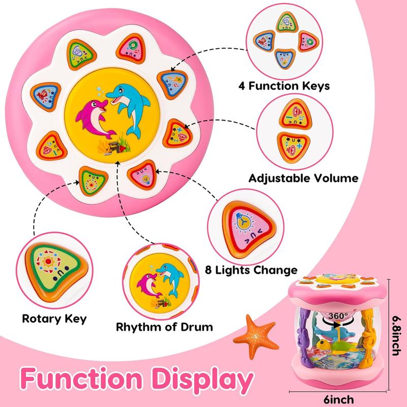 Kids Musical Light Up Toys Ocean Projector Rotating Tummy Time Learning Crawling Pink Toys Children Boys Girls 1 2 3 Year Old Birthday Christmas Gifts