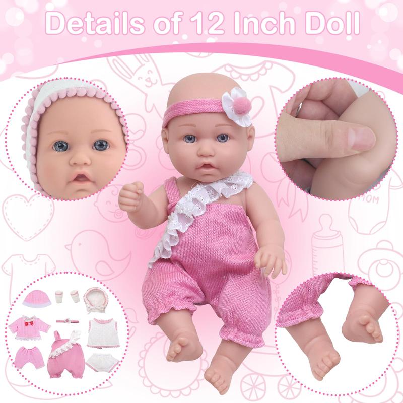 14 Pcs 12 Inch Baby Doll with Washable Doll Clothes and Accessories, Cute Blue Eyes Baby Doll with Stylish Doll Onesie, First Baby Dolls for Toddlers 36 Months and Up