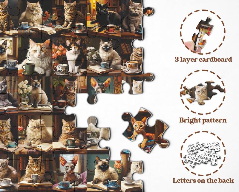 Cat Puzzles for Adults 1000 count and Up, Vintage Cat Animal Puzzle Collects 40 Coffee Book Cats Collage Jigsaw Puzzle, Retro Funny Kitten Puzzle as Cat Wall Decor