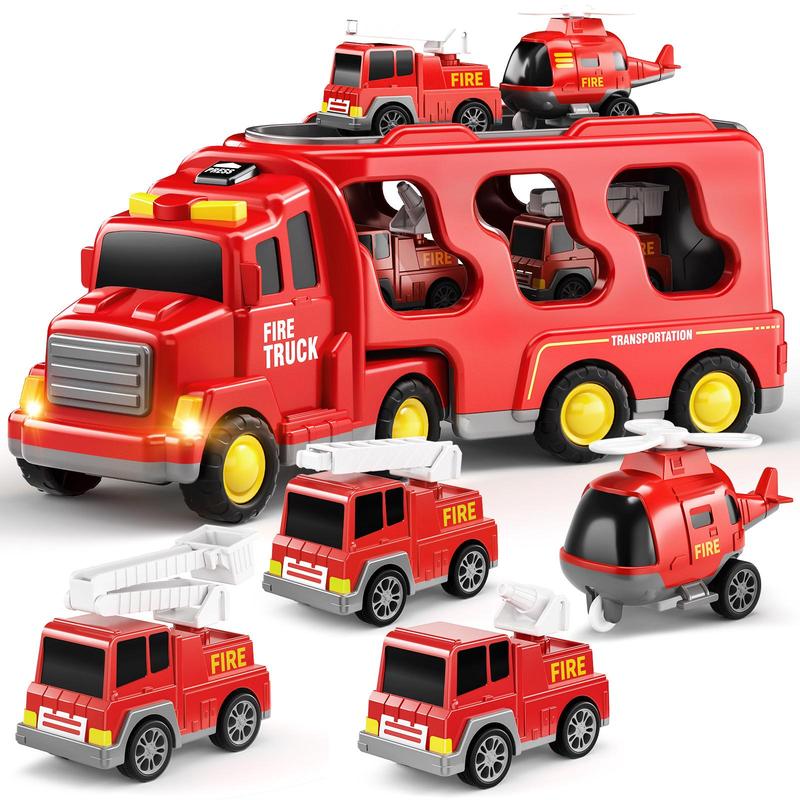 Fire Truck Toy (5 Counts set), Tractor Truck Toy, Push and Go Vehicles Toys Friction Powered Car Toys, Toy Rescue Vehicle Set with Lights and Music