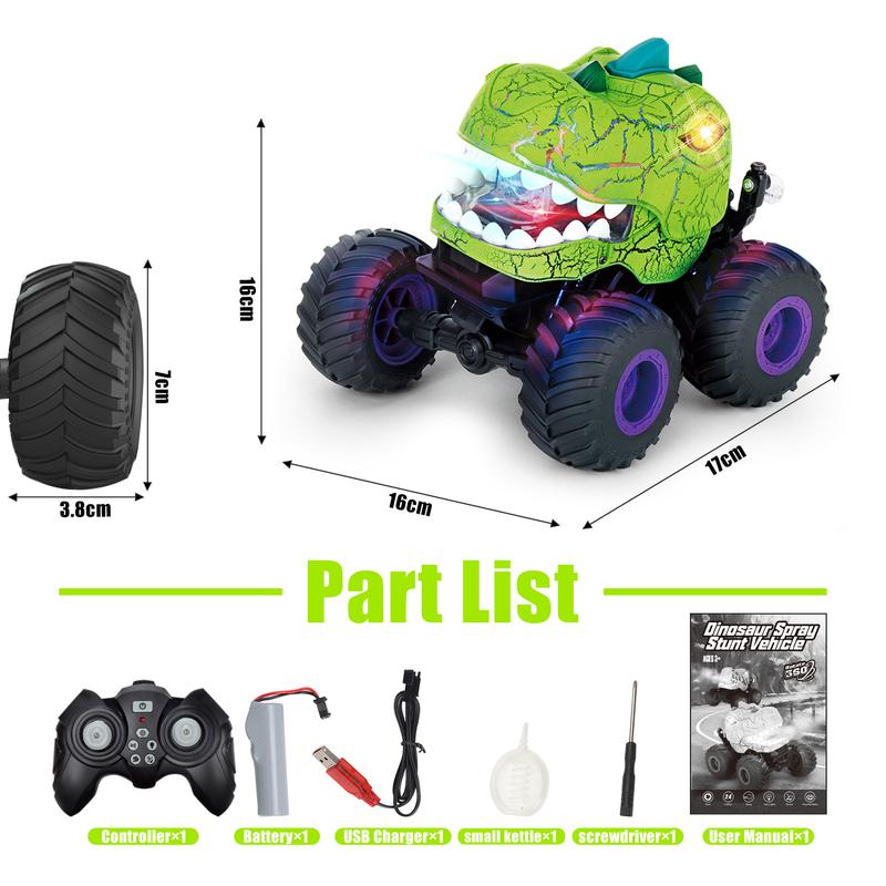 Dinosaur Remote Control Car, RC Monster Truck for Boys Girls with Light, Sound & Spray,for Toddlers Kids 5-12 All Terrain Indoor Outdoor, Christmas Birthday Gifts