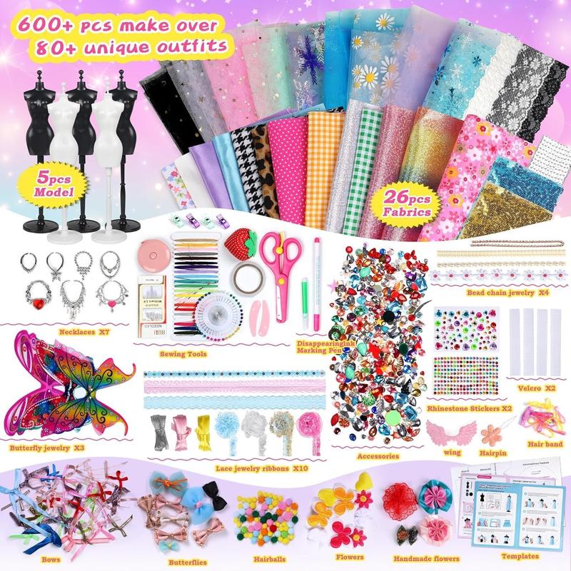 YEETIN Fashion Designer Kits for Girls Ages 6+, 600+Pcs Kids Sewing Kits, Arts & Crafts Set, Doll Clothes Making, Learn to Sew Gifts for Birthday