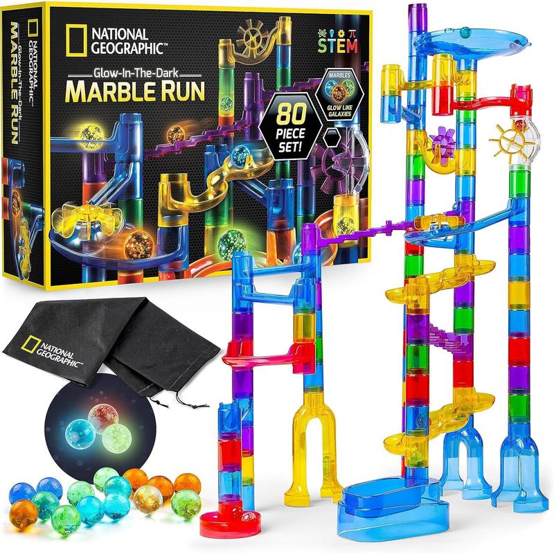 NATIONAL GEOGRAPHIC Glowing Marble Run – Construction Set with 15 Glow in The Dark Glass Marbles & Storage Bag, STEM Gifts for Boys and Girls, Building Project Toy (Exclusive)