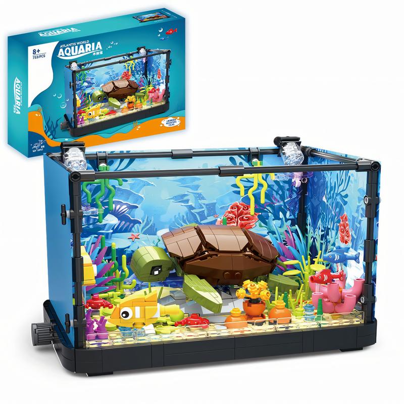 Nidonu-Fish Tank Building Block Set with Light，Aquarium，Marine Turtle, Building Block Toy for Kids 8+, Gift, Home Decor construction pvc free