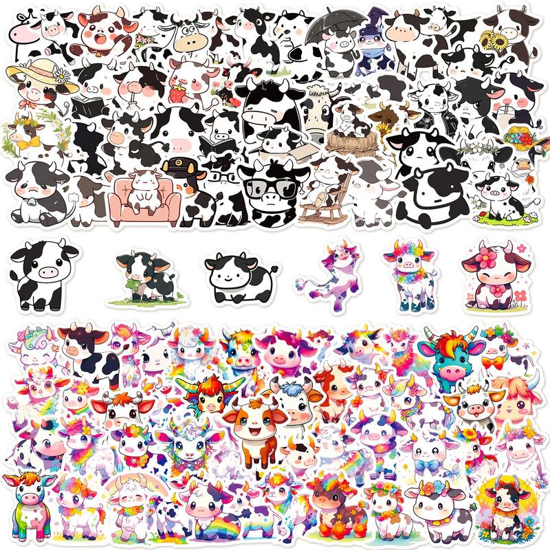 Cartoon Cow & Rainbow Pattern Sticker (100pcs), Cute Waterproof Decorative Stickers, DIY Decals for Water Bottle, Laptop, Phone Case, Scrapbooking, Journal Making