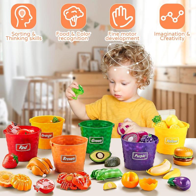 Play Food Sets for Kids Kitchen, 77Pc Color Sorting Toy Food with Storage Basket, Cutting Pretend Fake Food Kitchen Toys, Play Kitchen Accessories, Educational Toddler Gift 4-8 Learning Toys