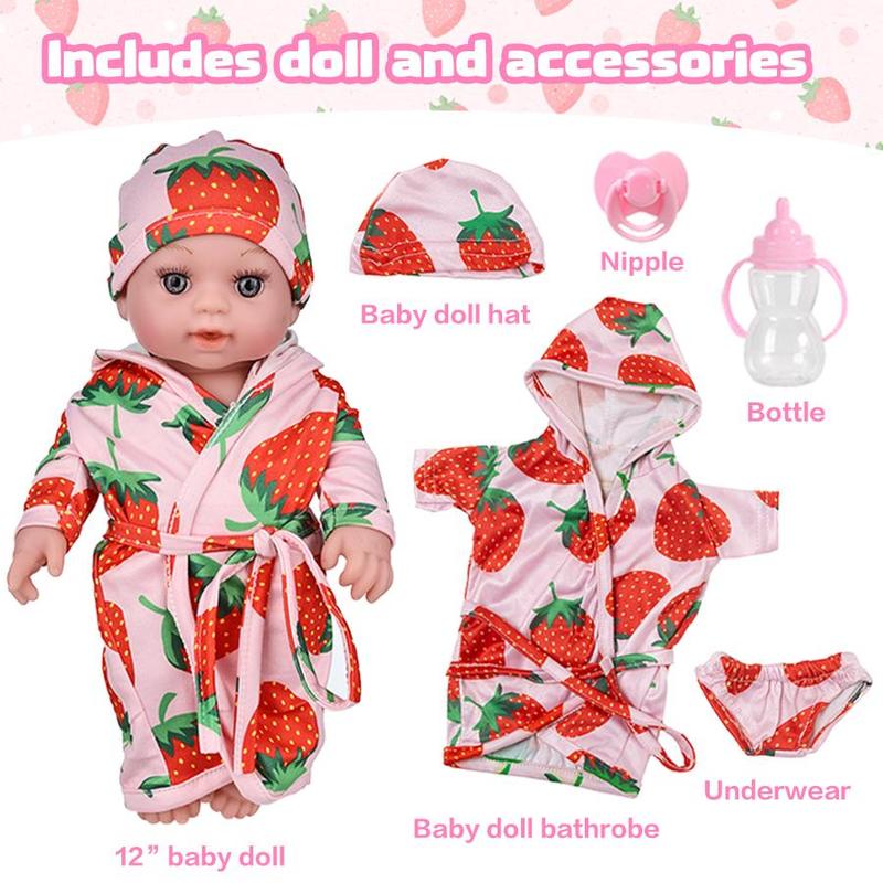 12 Inch Lifelike Newborn Doll with Strawberry Pattern Clothes, 1 Set Soft Squeezable Body Simulation Doll, Birthday Gift for Kids