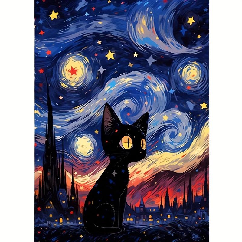 1 COUNT Exquisite Diamond Painting Kit - DIY Handmade Canvas Wall Art with Sparkling Diamonds, Starry Sky Black Cat Design, Relaxing Home Decor, Creativity Unleashed