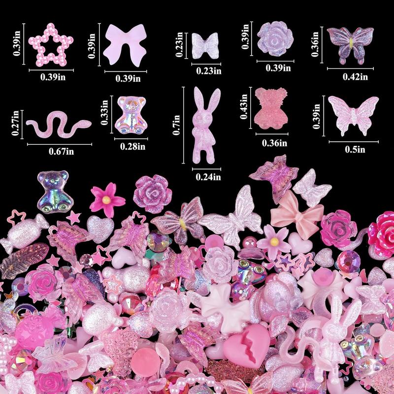 3D Cute  Charms, 100 count Rabbit Butterfly Flower Bow  Art Charms Mixed Flatback  Rhinestones  and  Glitter As Gift,  Charms for Nails Design DIY Crafts (Pink)