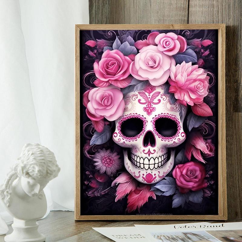 DIY Diamond Arts Colorful Painting Kit, Flower & Skull Halloween Pattern DIY Painting, Artificial Diamond Art Kit For Home Wall Decor