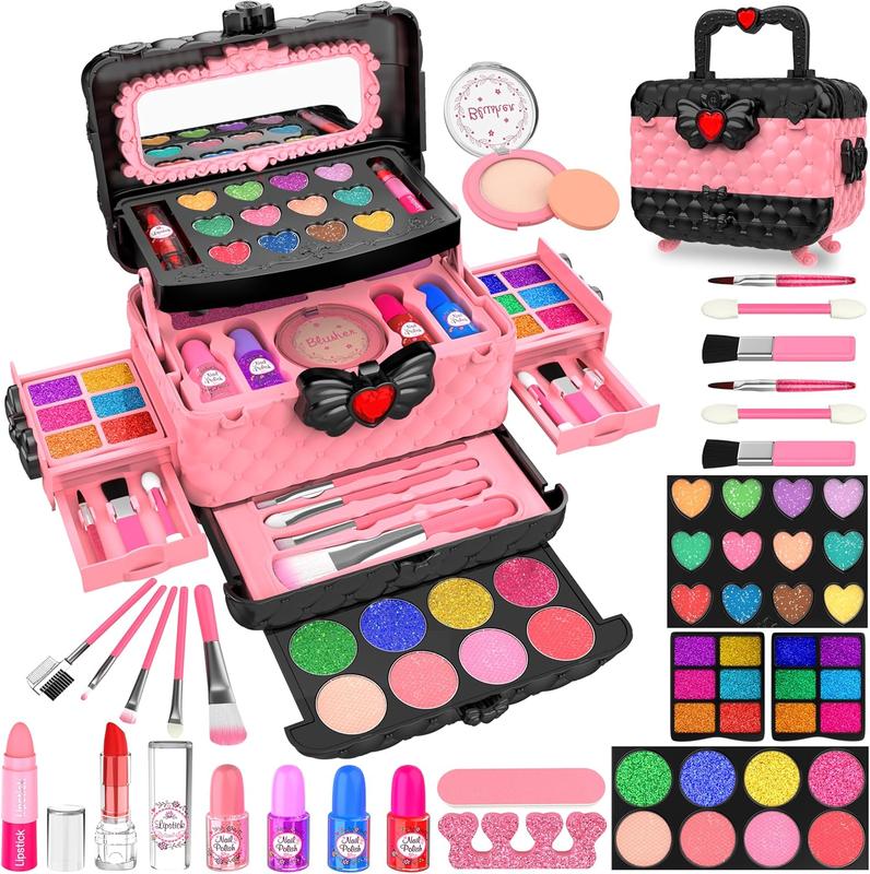 54 Pcs Kids Makeup Kit for Girls, Princess Real Washable Pretend Play Cosmetic Set Toys with Mirror, Non-Toxic & Safe, Birthday Gifts for 3 4 5 6 7 8 9 10 Years Old Girls Kids (Pink)