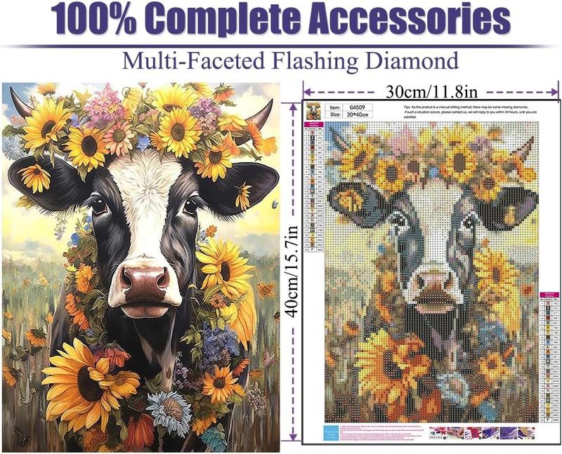 5D Cow Diamond Painting for Adults,Sunflowers Diamond Art Kits for Adults,DIY Round Full Drill Diamond Dots,Diamond Painting Kits for Adults,Crystal Art Flowers for Home Decor 12x16inch