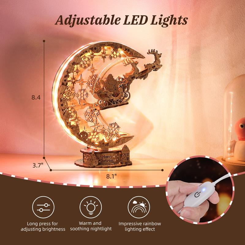 FUNPOLA LED 3D Puzzle Christmas Night Flight - Moon Lamp, Eco-Friendly Craftsmanship, Perfect Holiday Gift DIY Wooden Puzzle Set Christmas Decorations or Gift Santa Sleigh Design Family Fun