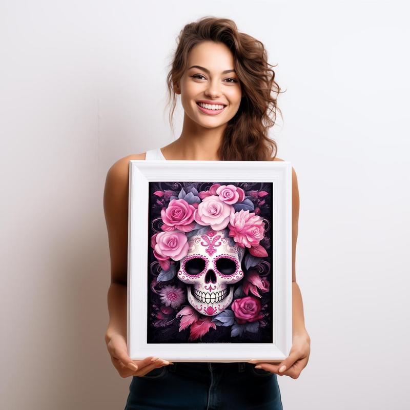 DIY Diamond Arts Colorful Painting Kit, Flower & Skull Halloween Pattern DIY Painting, Artificial Diamond Art Kit For Home Wall Decor