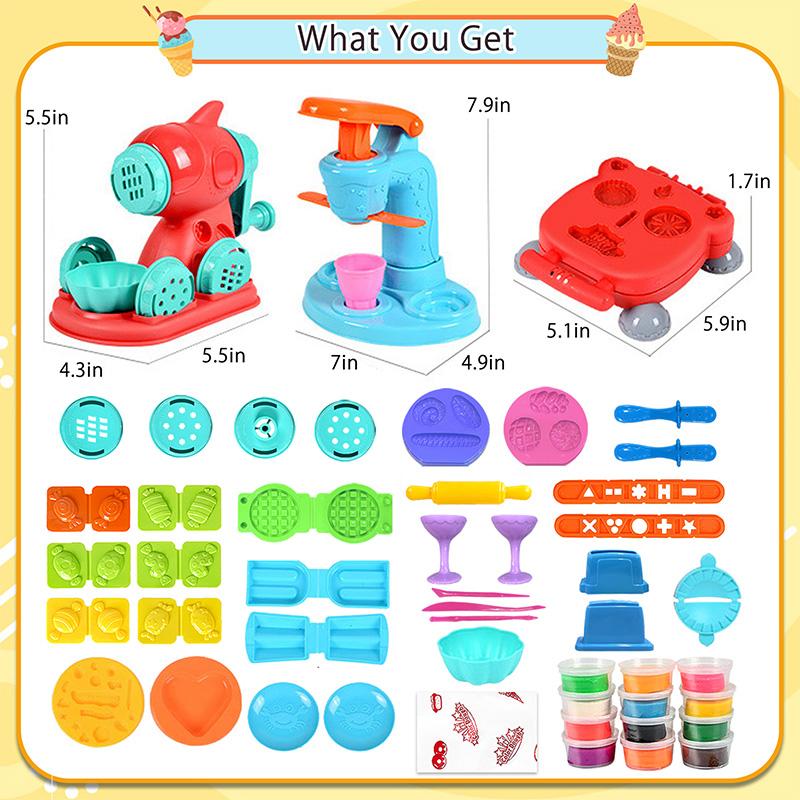 Crelloci 3 in 1 Deluxe Dough Kitchen Creations Set, Ice Cream Noodle Hamburger Maker Machine, Dough Tools Kit for Kids Ages 3+ 3-in-1 Color air dry Play Doh