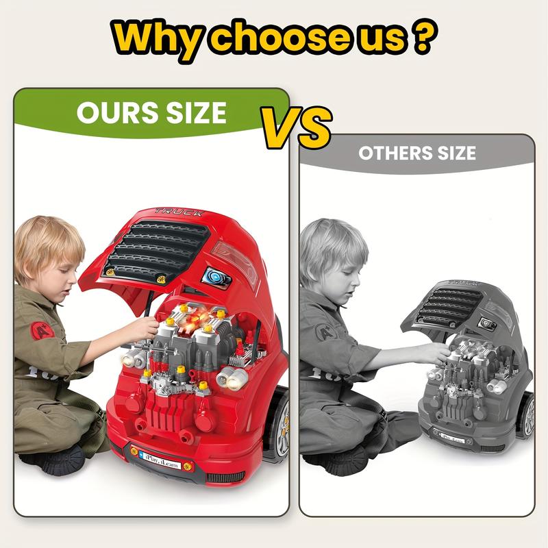 Large Truck Engine Toy, Kids Mechanic Repair Set for 3-5 Yr Toddlers, Big Builder Kit, Take Apart Motor Vehicle Pretent Play Car Service Station, Gifts 4 6 7 8 Year Old Boy Child