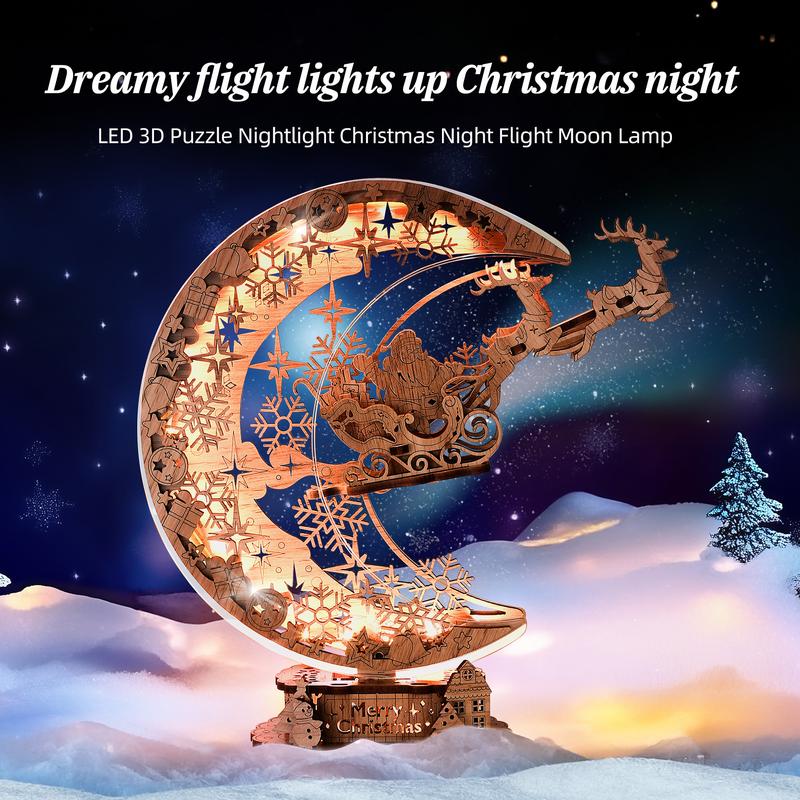 FUNPOLA LED 3D Puzzle Christmas Night Flight - Moon Lamp, Eco-Friendly Craftsmanship, Perfect Holiday Gift DIY Wooden Puzzle Set Christmas Decorations or Gift Santa Sleigh Design Family Fun