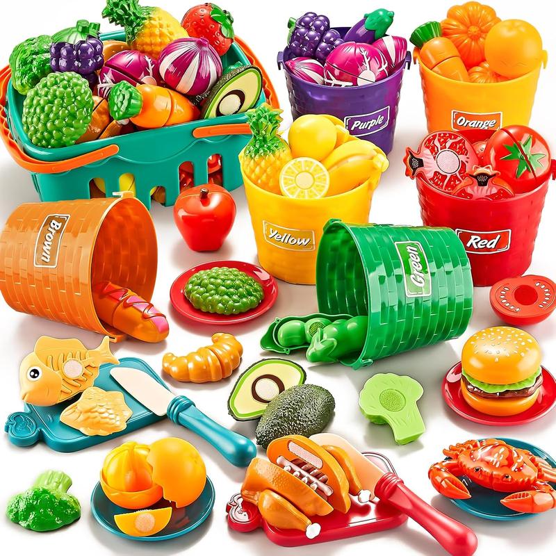 Play Food Sets for Kids Kitchen, 77Pc Color Sorting Toy Food with Storage Basket, Cutting Pretend Fake Food Kitchen Toys, Play Kitchen Accessories, Educational Toddler Gift 4-8 Learning Toys