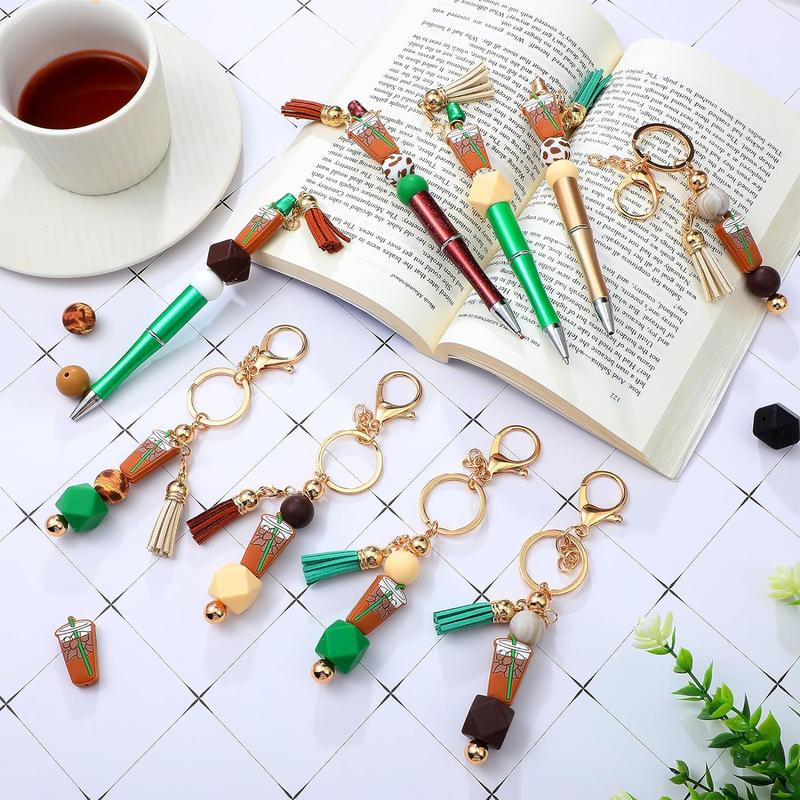 DIY Beading & Jewelry Making Kit, 2 Keychain & 4 Beading Pen & 14 Silicone Bead & 6 Milk Tea Pattern Accessories &12 Spacer & 6 Tassel & 6 Lobster Clasp, Jewelry Making Supplies