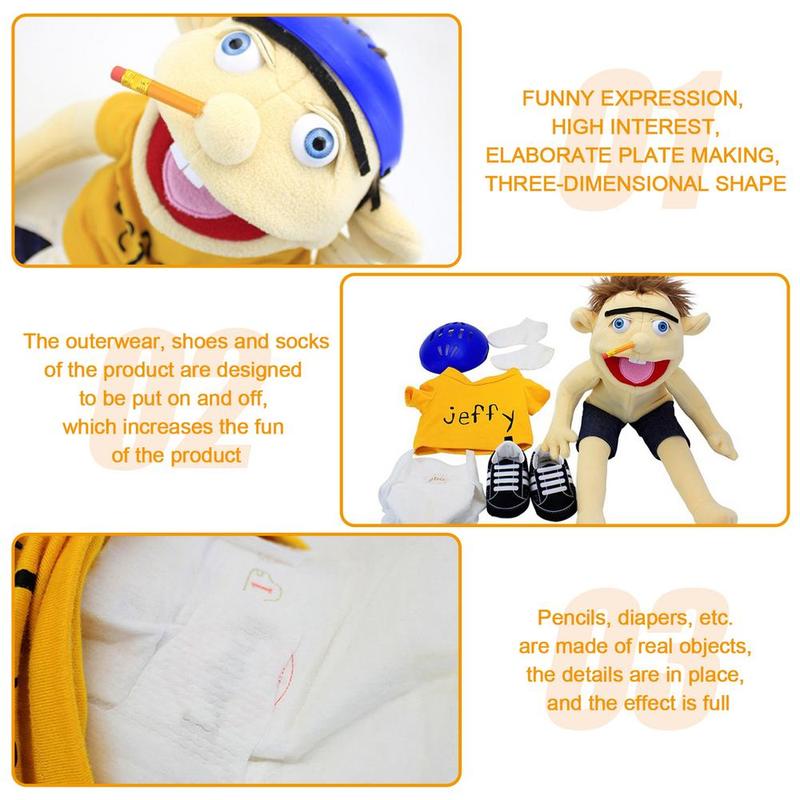 60cm Jeffy Hand Puppet Plush Jeff Mischievous Funny Puppets Toy with Working Mouth Educational Baby Toys Cospaly Plush Doll